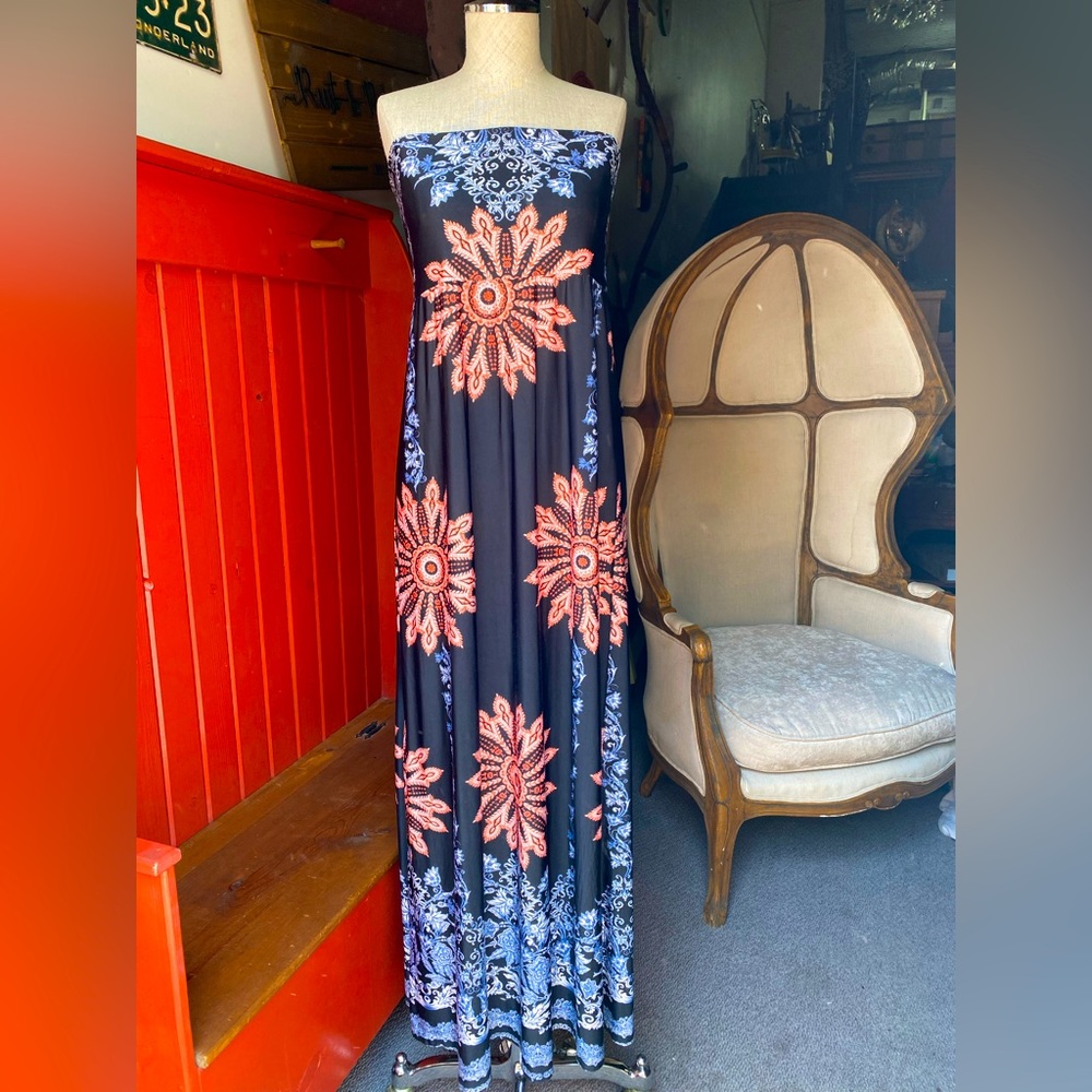 Strapless blue, orange and white maxi dress. size L